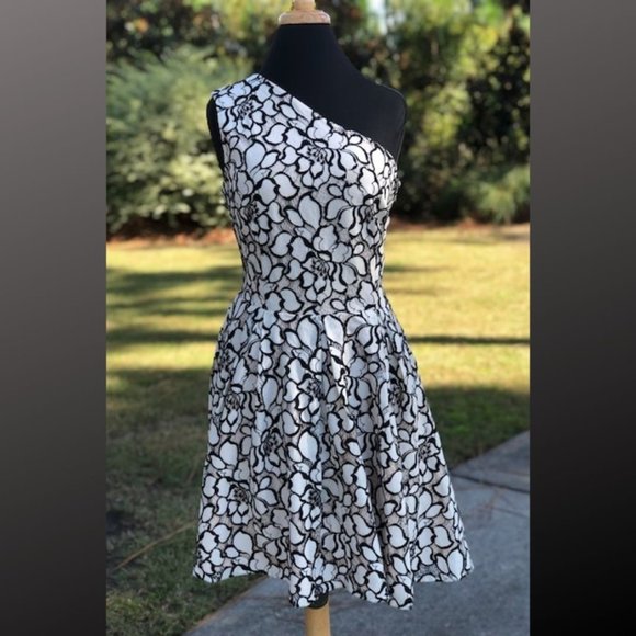 Asos Tall One Shoulder Black and White Lace Cocktail Dress - Picture 1 of 4